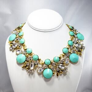 Turquoise Blue Clear Rhinestone Gold Statement Necklace